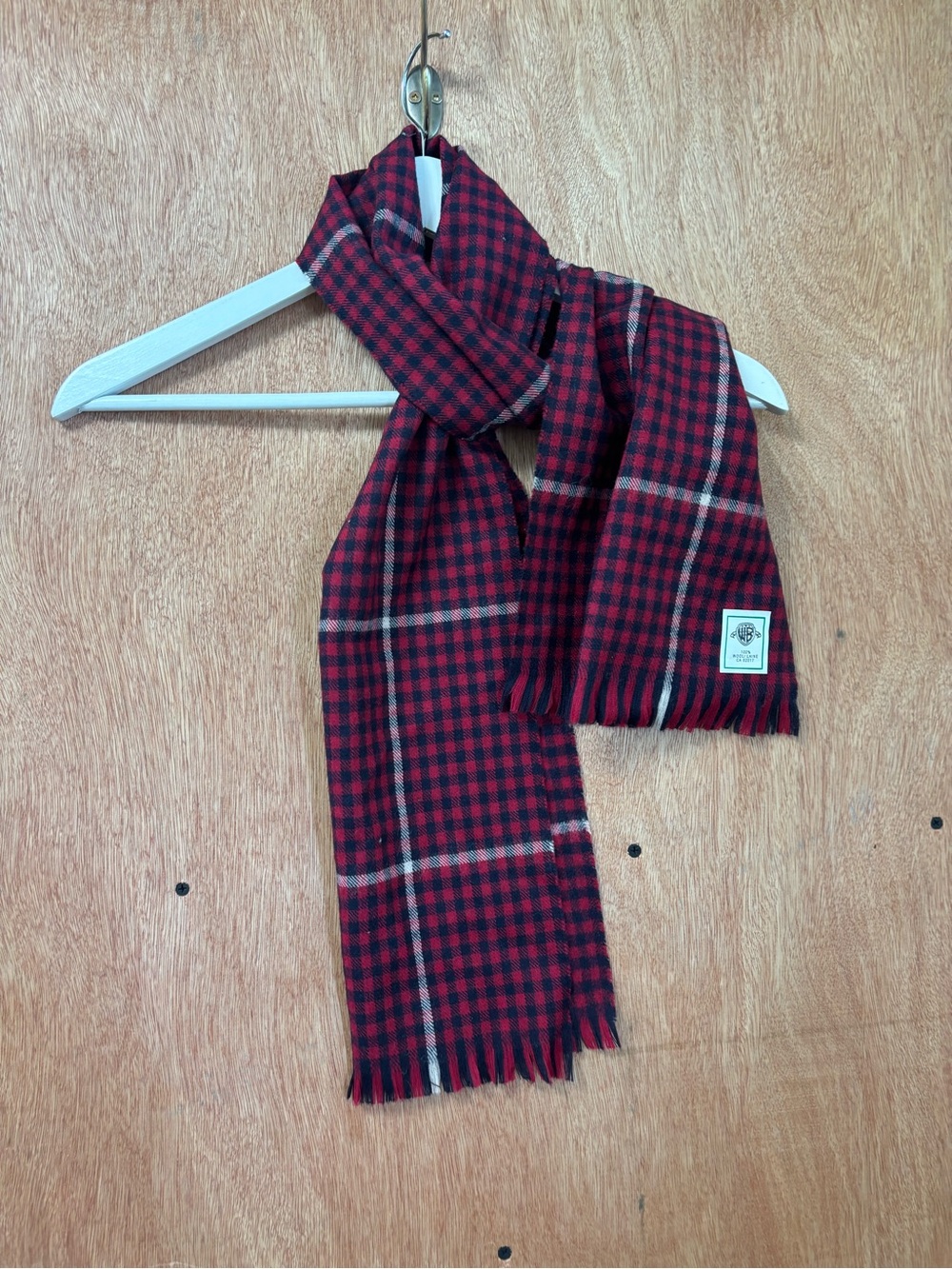 WB 100% Wool Plaid Scarf Red Black White Fringe Vintage